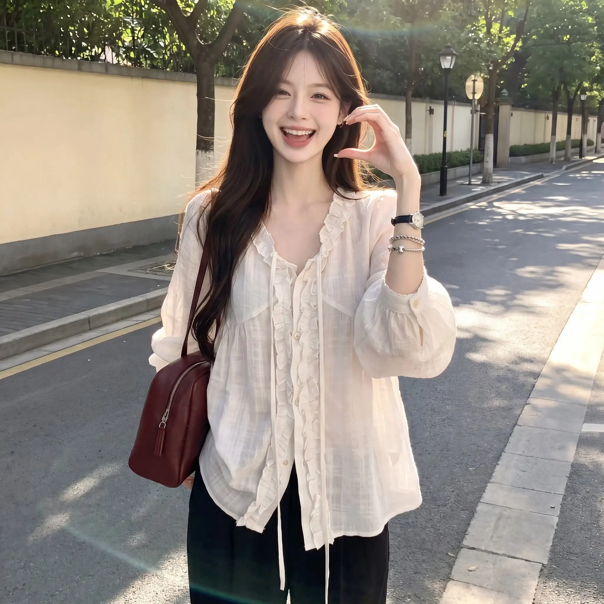 Women's Loose Long Sleeve V-Neck Shirt with Bow Tie Casual Style Early Autumn Fashion Gentle Wind Lotus Leaf Design