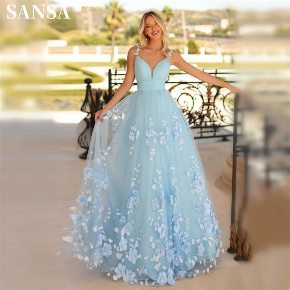 

Sansa Sweet 3D Flower A-line فساتين السهرة Fairy Light Blue V-neck Tulle Vestidos De Noche Princess Floor Lenght Prom Dresses