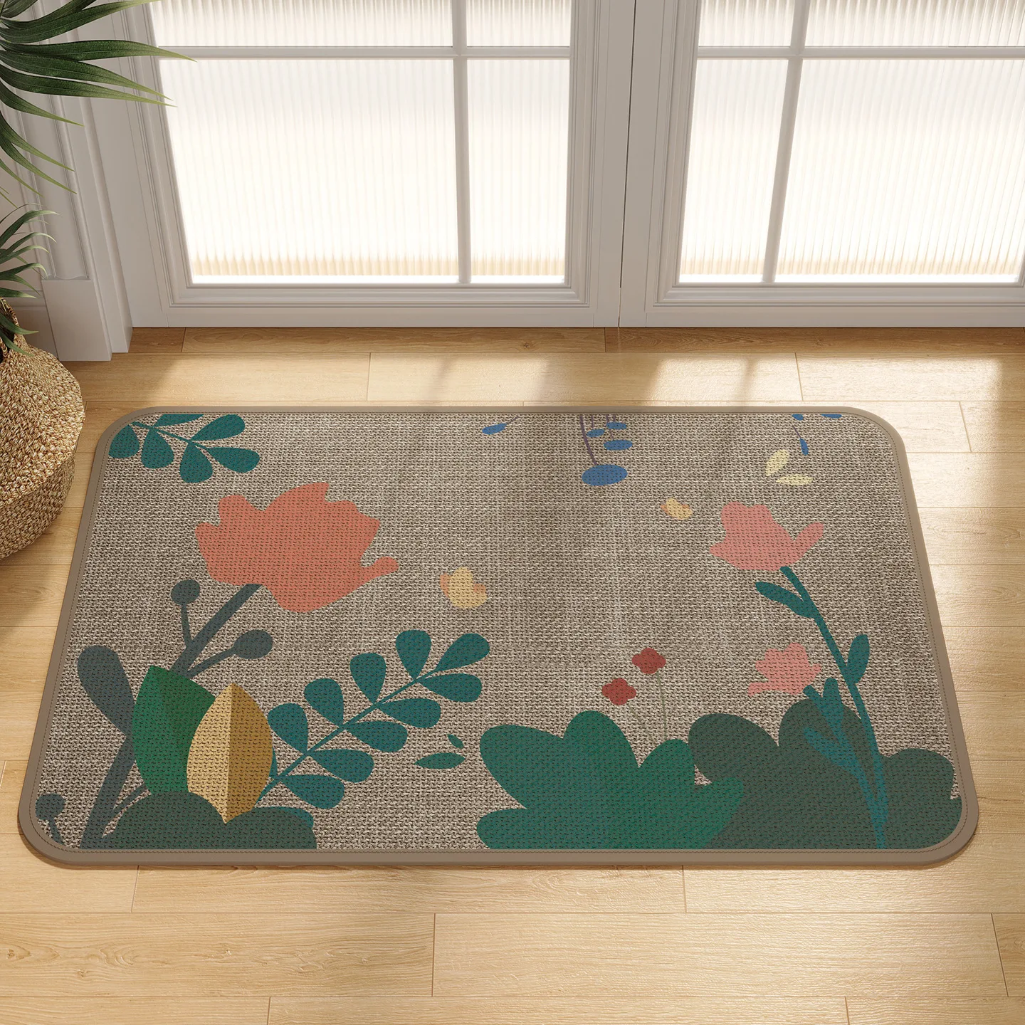 

Прочный впитывающий нескользящий коврик для ванной, напоминающий лён, для прихожей, дверного проема, для дома, с растительным узором, из полиэфирного волокна
