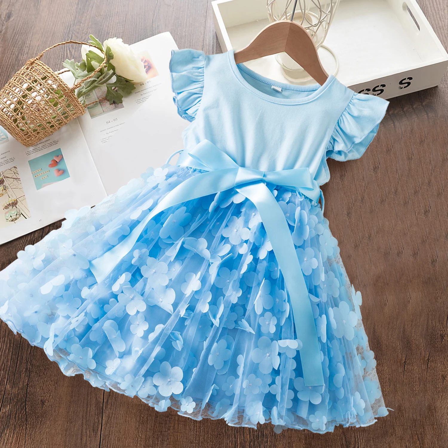 Summer 3D Flower Mesh Ruffles Sleeves Dress 1-5 Years Toddler Girls Birthday Party Princess Dress Tutu Cute Baby Girls Clothes