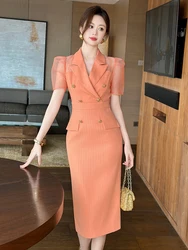 Fashion Elegant Lady Business Formal Blazer Pencil Dress Women Clothes Classic Striped Commute Short Sleeve Slim Midi Vestidos