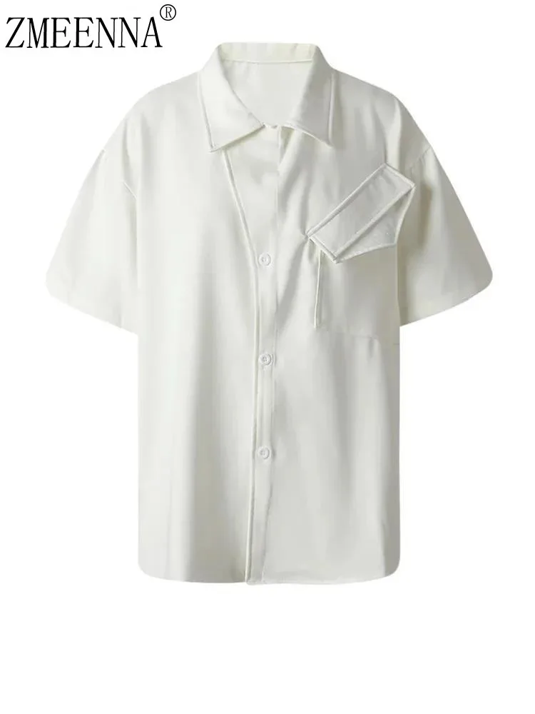 

ZMEENNA Casual White Button Down Short Sleeve Shirt With Unique Collar Asymmetrical Pocket Design Lightweight Summer Top ZM3237