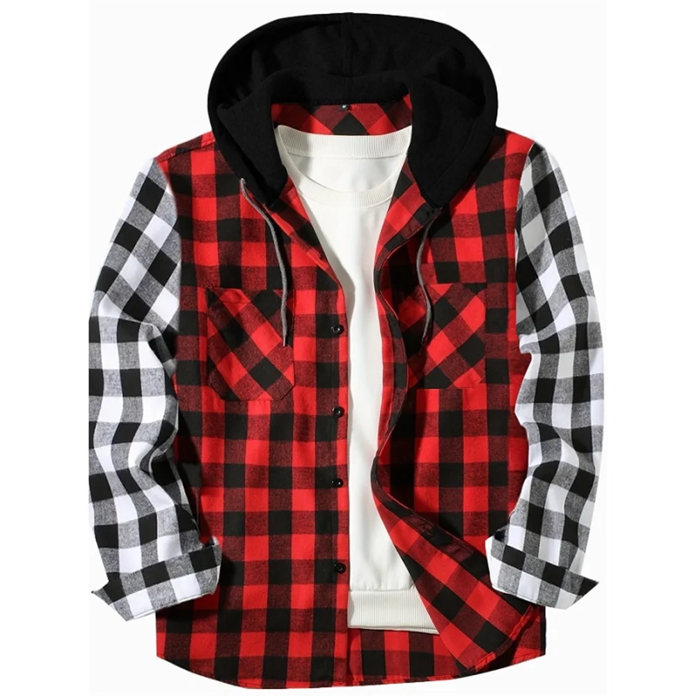 Men Women Christmas Red 3 Color Block Plaid Hooded shirts for men Plaid Patchwork Shirts Button Down Long Sleeve Casual Shirts