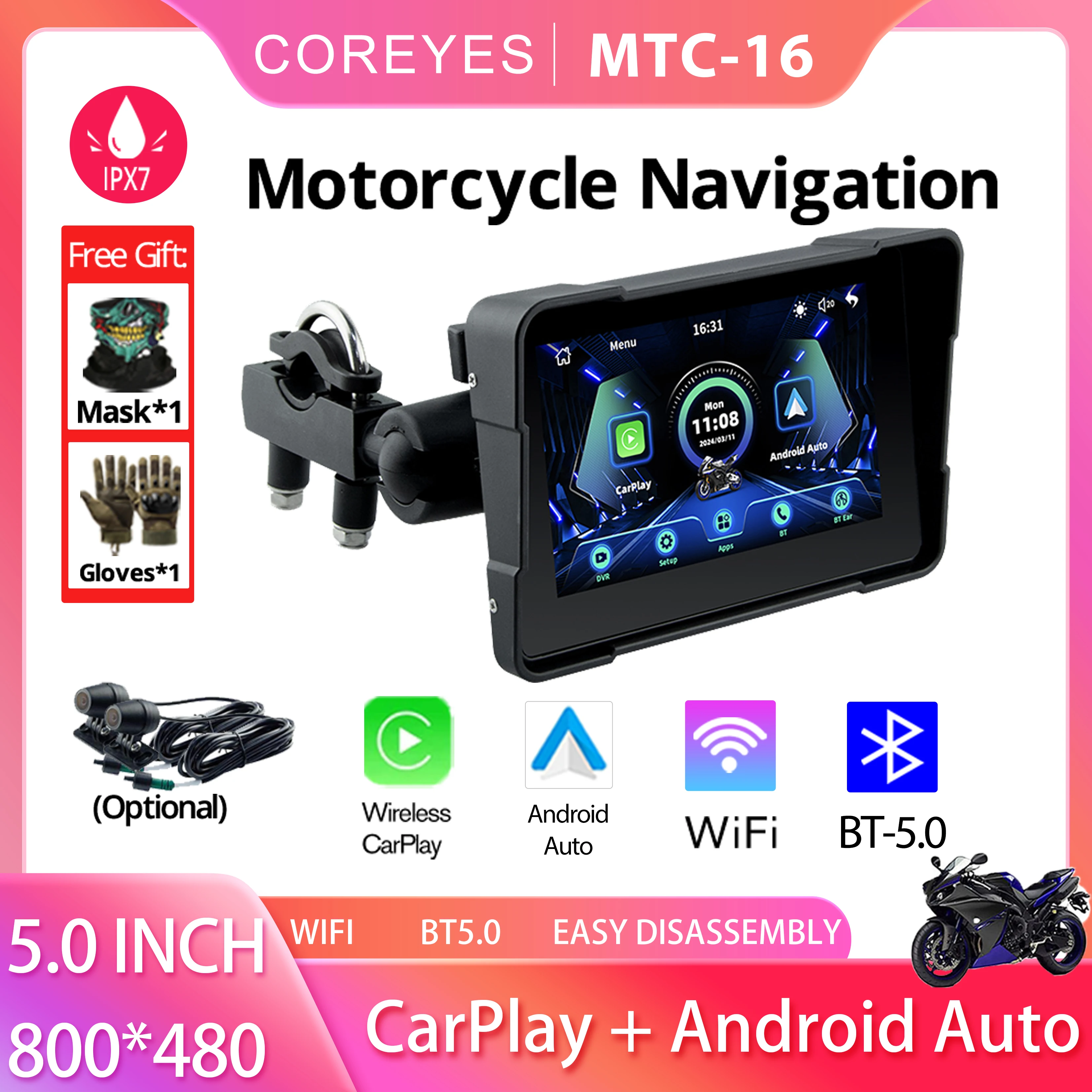 

COREYES MTC-16 Motorcycle Navigation DVR Waterproof Screen Wireless Carplay Android Auto BT Multifunctional Monitor