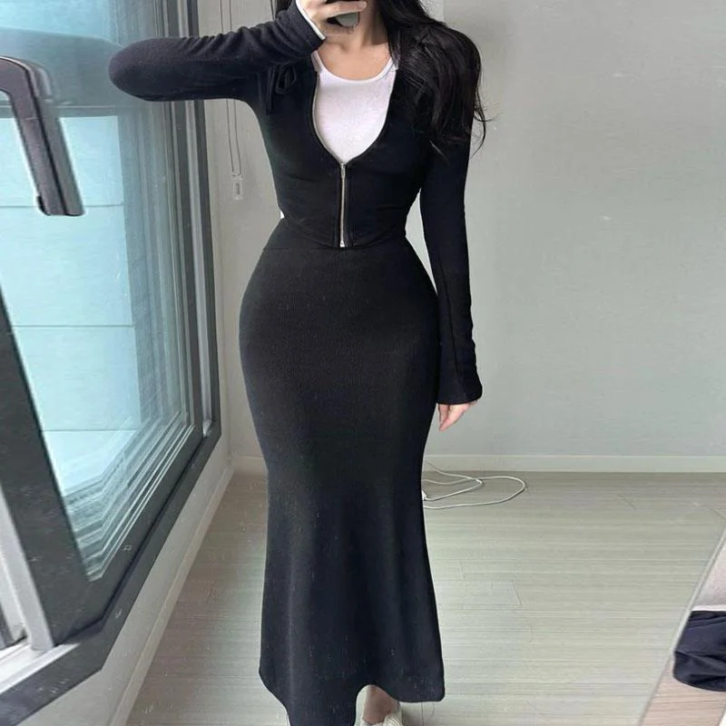 Korean Casual Comfortable Hoodie Long Skirt Set Women Tight Show Figure Short Hooded Coats Wrap Hip Fish Tail Skirt Set Bodycon