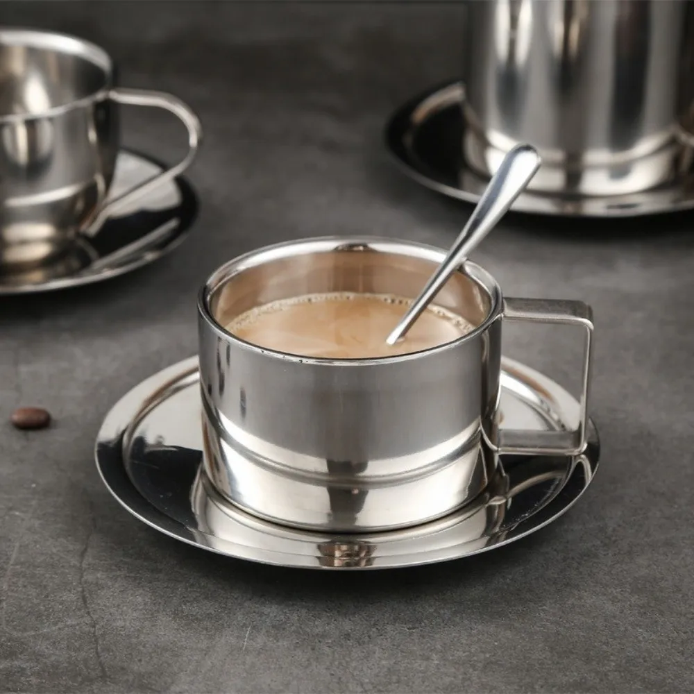 

Practical Stainless Steel Coffee Cup Set 180/200/280ml Hot Resistant Thermal Mug Rustproof with Spoon Tea Cup Restaurant