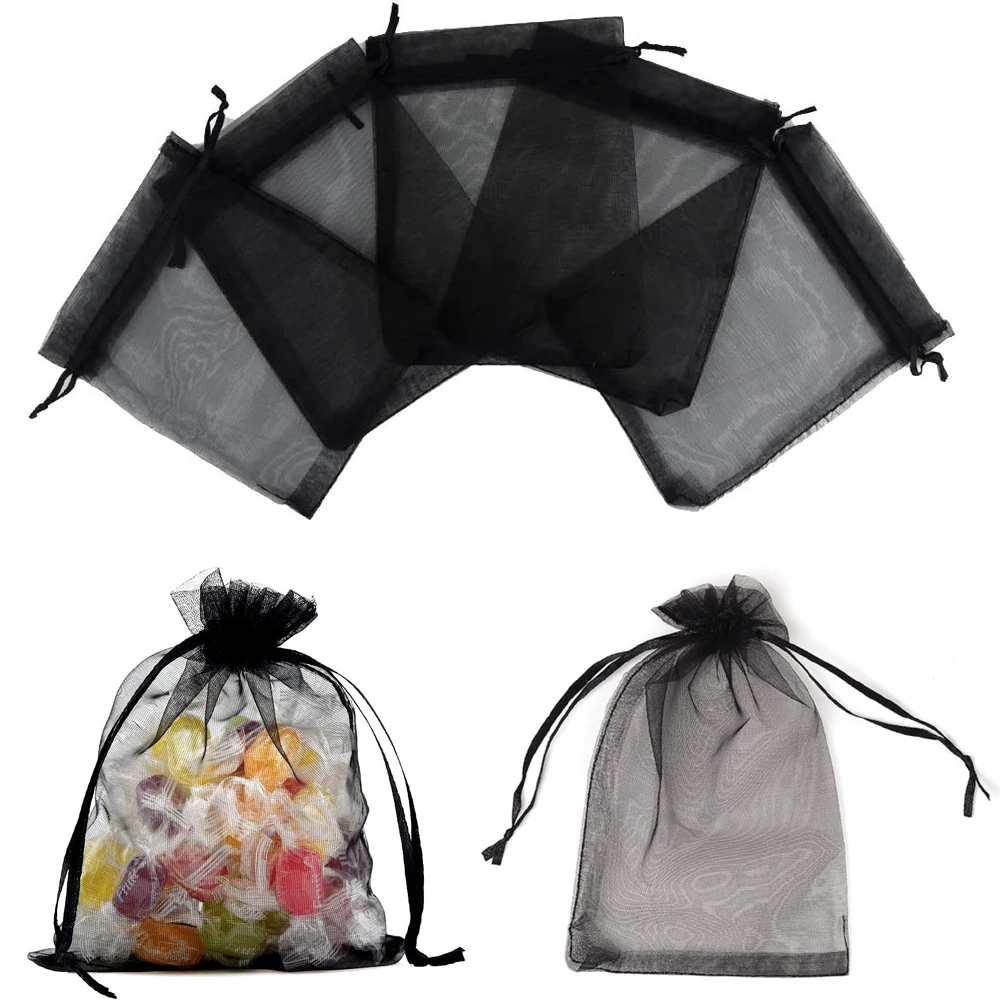 50pcs Organza Black Drawstring Bags For DIY Gift Party Jewelry Pouches Storage Packaging Accessories Supplies Small Businesses