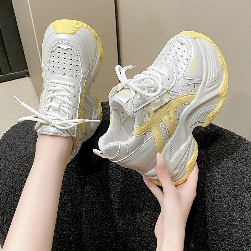 Women Autumn Breathable Chunky Sneakers Lace Up Platform Sports Shoes Woman Thick Bottom 10CM High Heels Female Wedges Sneaker - view 3