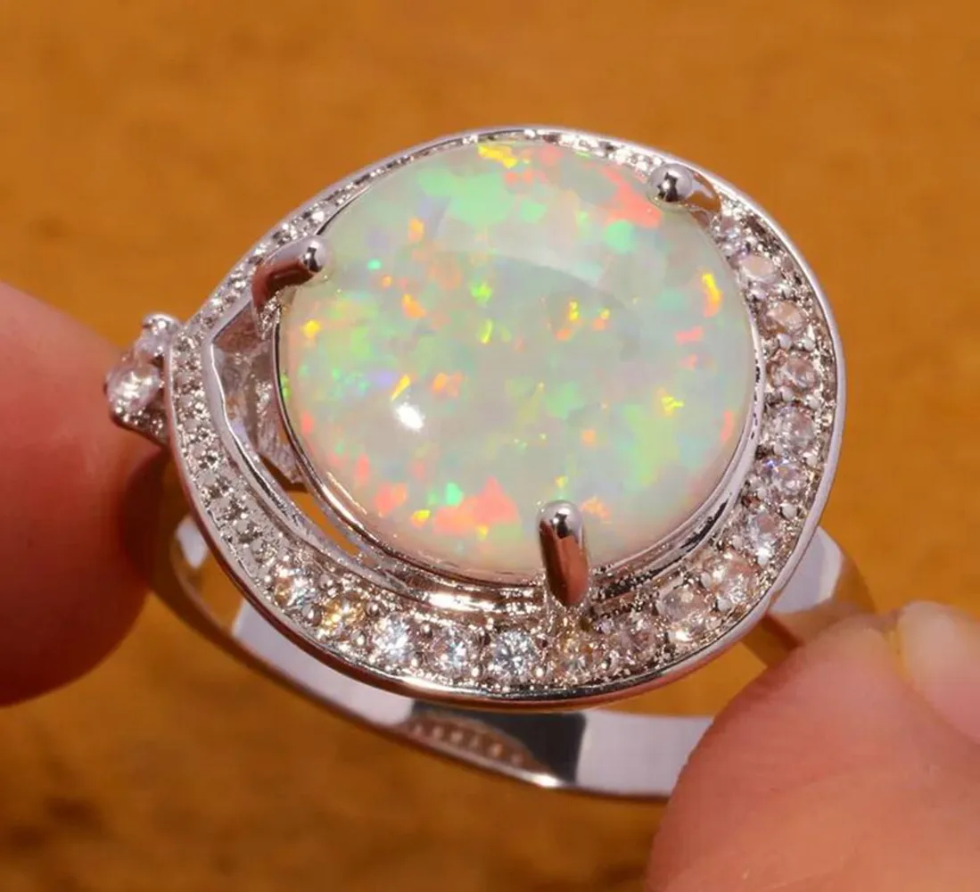 CiNily Created White Fire Opal Cubic Zirconia Silver Plated Wholesale Fashion Wedding for Women Jewelry Ring Size 6-10 OJ5405