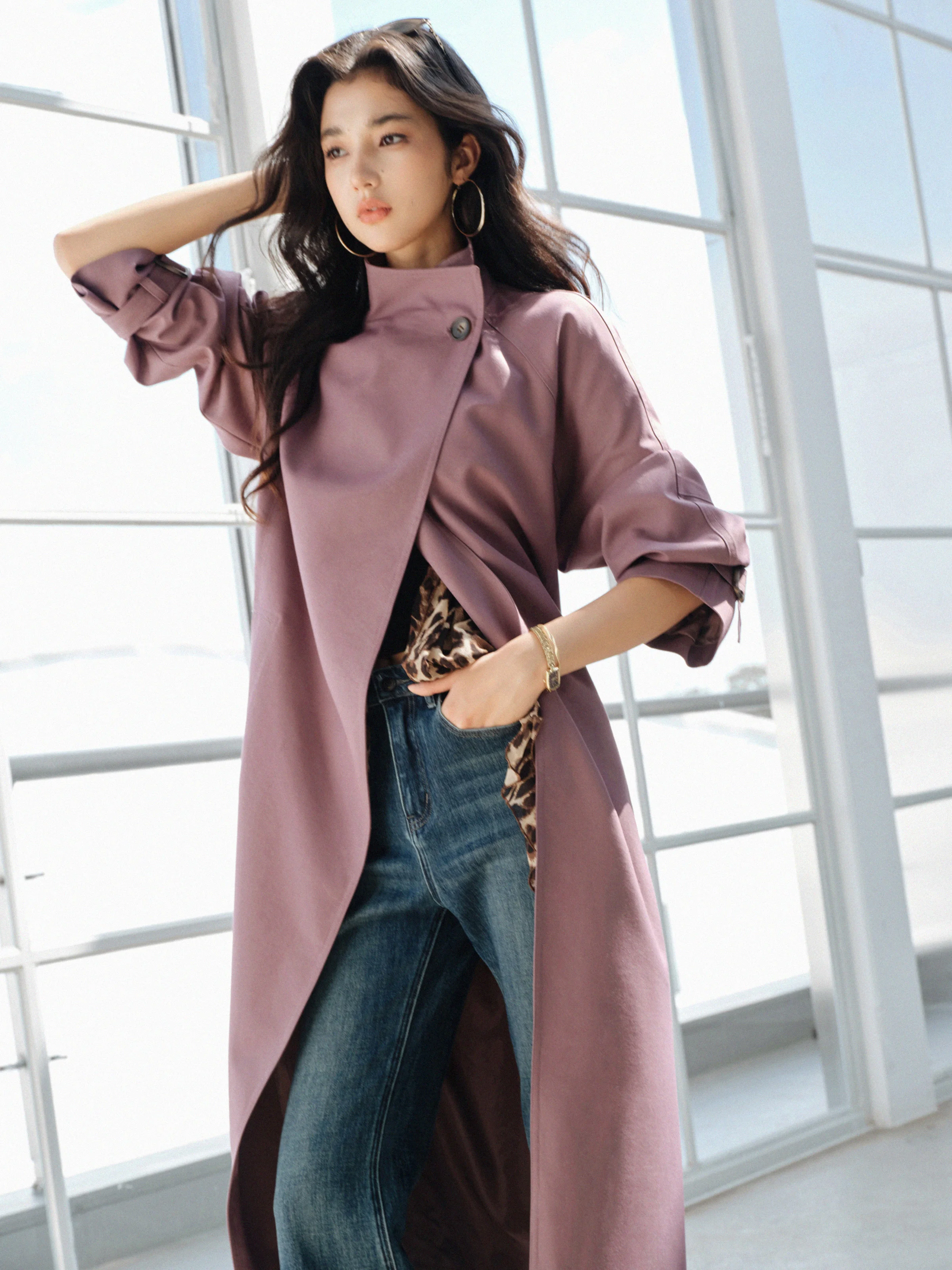 Elegante oversized trench coat feminino solto longo com cinto jaqueta leve outerwear chique lapela design para casual escritório olhar