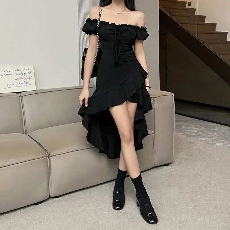 

Celebrity black ruffle irregular dress women's summer new one-word shoulder waist sexy little black dress