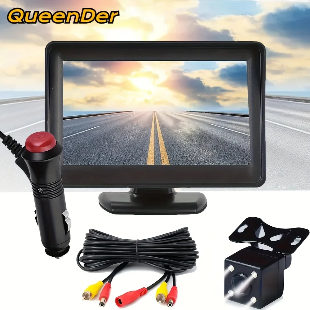 

QueenDer Car Backup 4.3 Inch Monitor Camera Kit TFT LCD Screen Vehicle Rear View Reverse Parking System Night Vision Camera