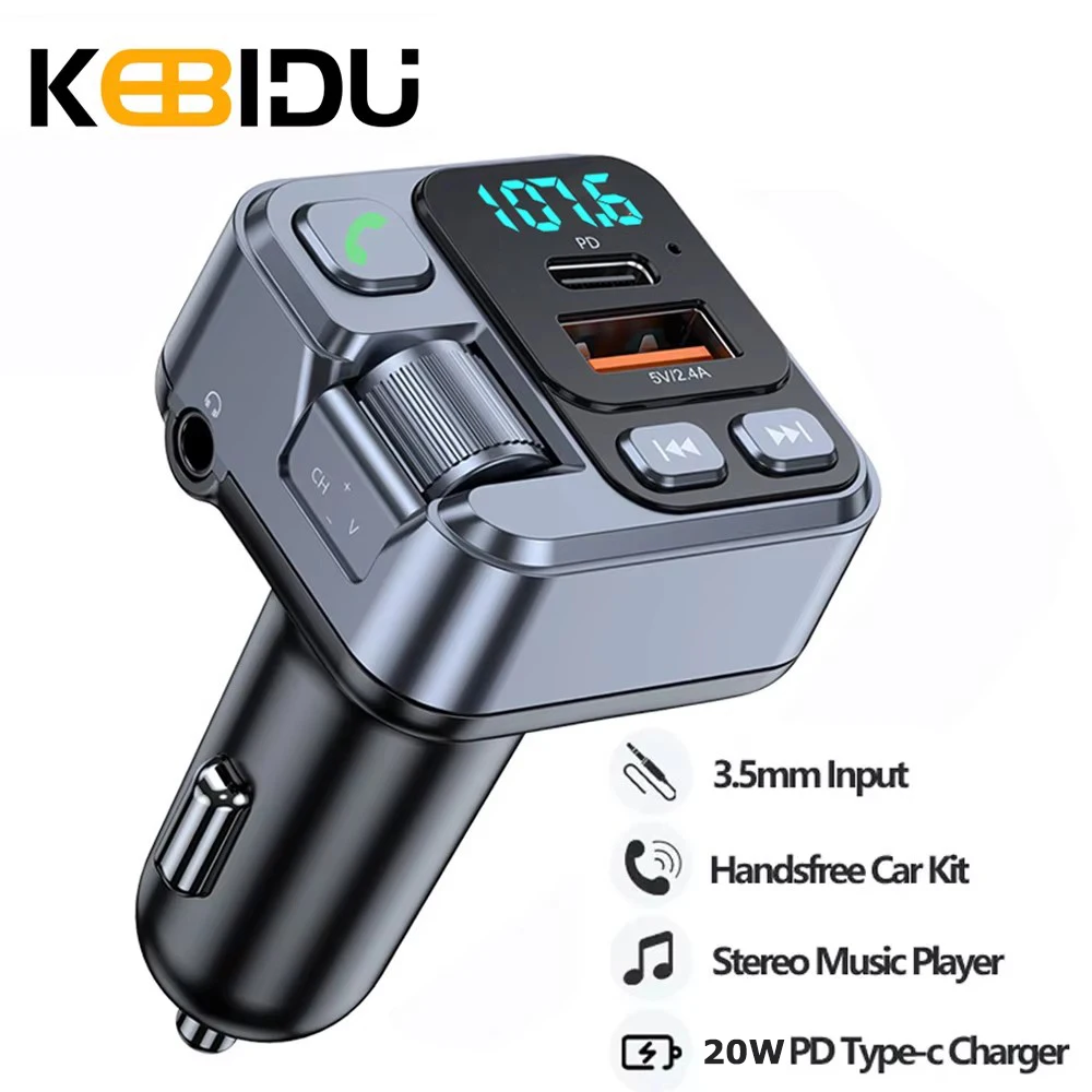 KEBIDU Bluetooth 5.1 Car FM Transmitter MP3 Stereo Music Player Handsfree 3.5mm Aux Wireless Car Kit 20W PD USB-C Fast Charger