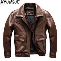 AYUNSUE, chaqueta De cuero para Hombre, Cuero De vaca Real, Ropa para Hombre, abrigos cortos De otoño, chaquetas grandes con cuello De solapa a la moda, Ropa De Hombre 2024
