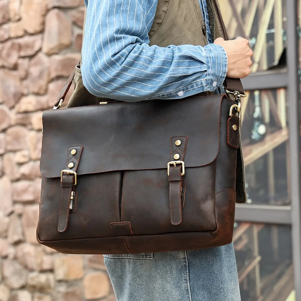 JOYIR-maletín Vintage de cuero Crzay Horse para hombre, bandolera de hombro para ordenador portátil de 15,6 pulgadas, bolso de negocios y oficina,