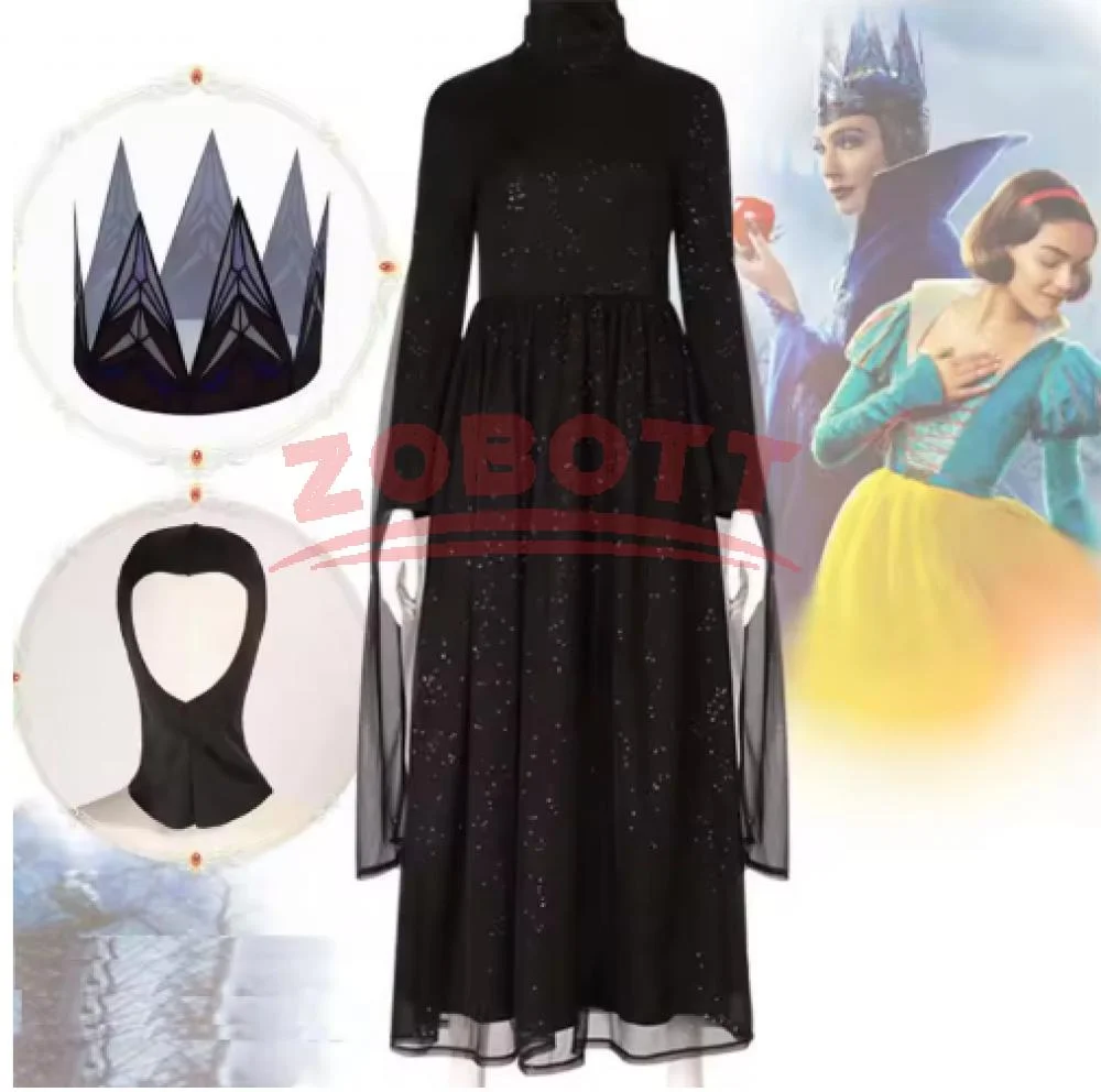

Women Evil Cosplay Queen Cloak Dress Crown Mask Movie Princess Snow Roleplay Black Costume Headwear Outfits Halloween Party Suit