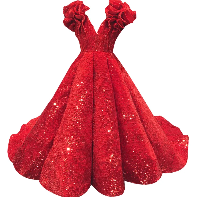 Red Flower Girl Dresses For Weddings Ball Gown Cap Sleeves Sequins Long Girls Pageant Dresses Little Kids Baby Customized