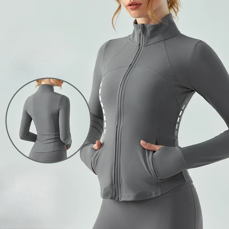 

Autumn Winter Workout Crop Top Women Yoga Clothes Jacket Sports Coat Zipped Women's Running Fitness Clothes With Thumb Holes