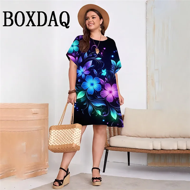 Big Size Women Dress Vintage Floral Print Loose Casual Streetwear Clothing Plus Size Summer New Short Sleeve O-Neck Ladies Dress