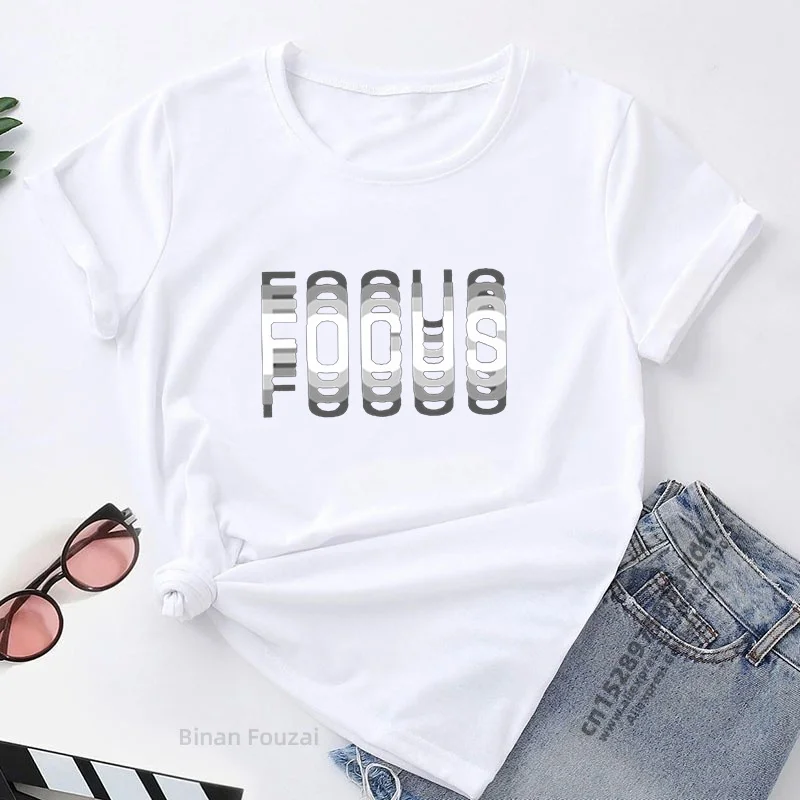 Focus Print T-shirts Women Short Sleeve Round Neck Casual Loose Summer Shirt Women Graphic Tee Aesthetic Clothes Tops 2023 Hot