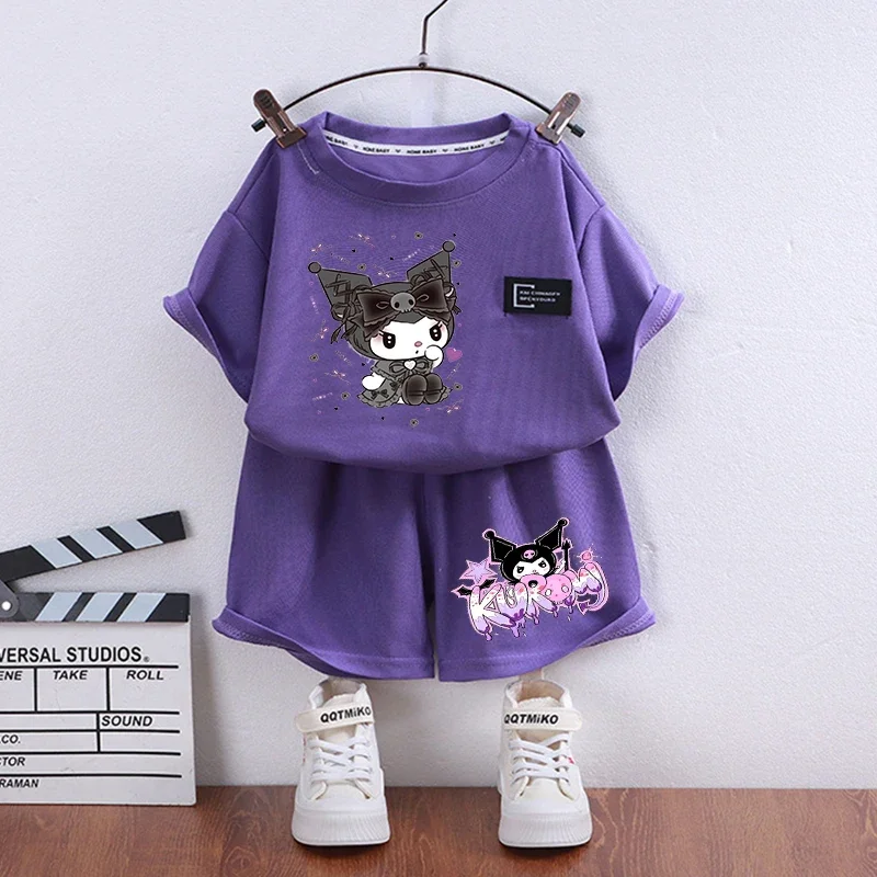 Kuromi Children T-Shirts Shorts Set Anime Sanrio Summer Tops Short Sleeves Pants Suit Pajamas Home Wear Clothes Kids Tracksuit