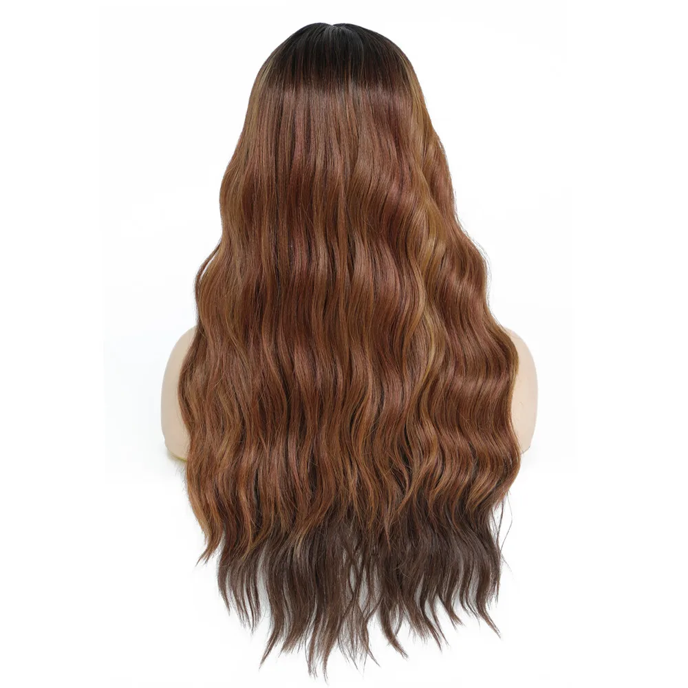 X-TRESS Synthetic Lace Wigs Ombre Brown Color Long Natural Wave Middle Free Part Hair Soft Wig For Women Heat Resistant Fiber