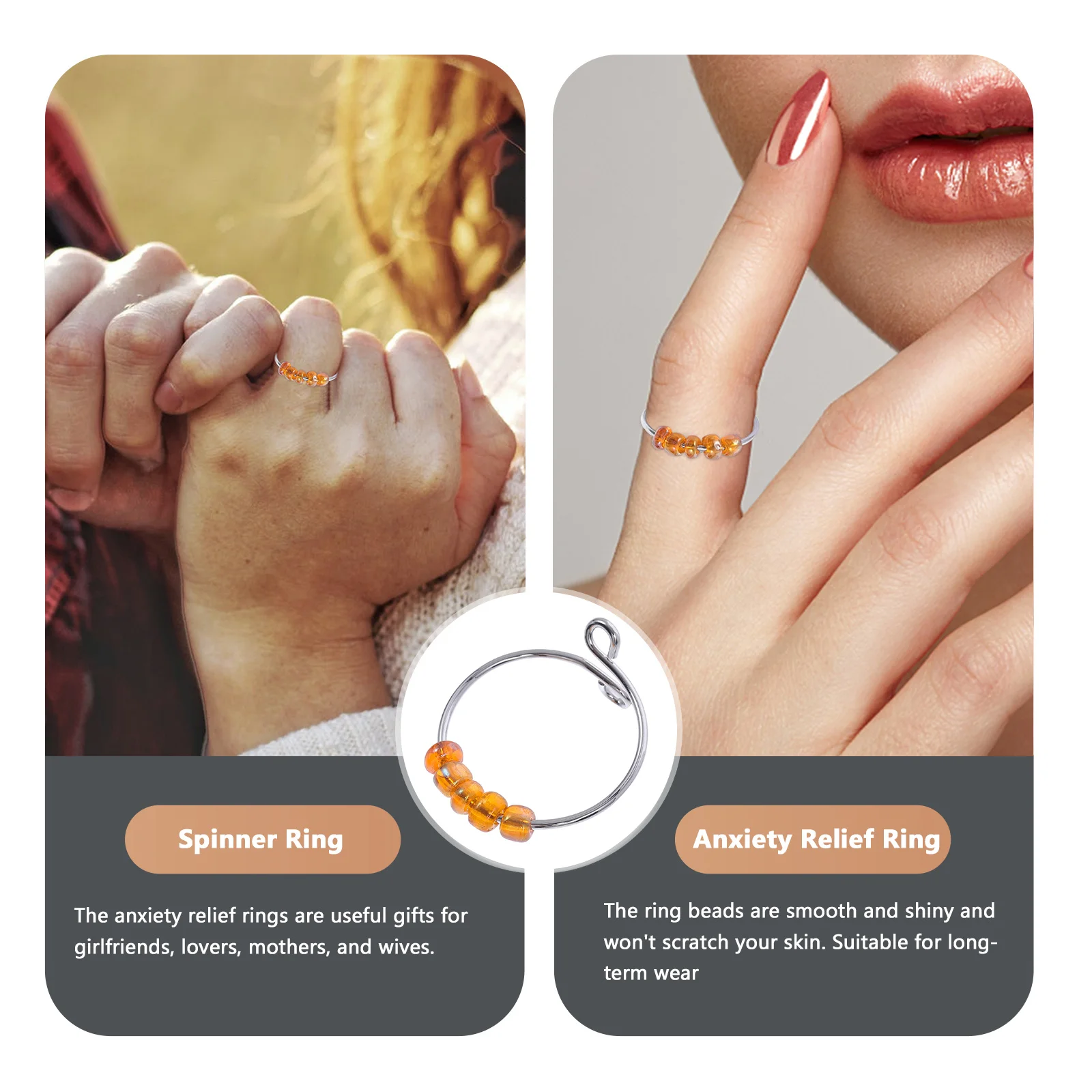 

Anxiety Relief Ring Chic Women Beads Rotatable Stress Relieving Fidget Jewelry Depression Reduce Ring Fashion Finger Decor