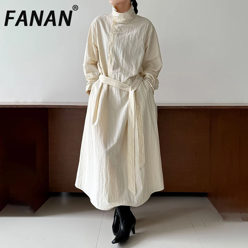 

FANAN асимметричный дизайн, Тренч для женщин, однотонный пояс, собранная на талии, темпераментная ветровка с лацканами, женские пальто, новинка осени 2023 г.