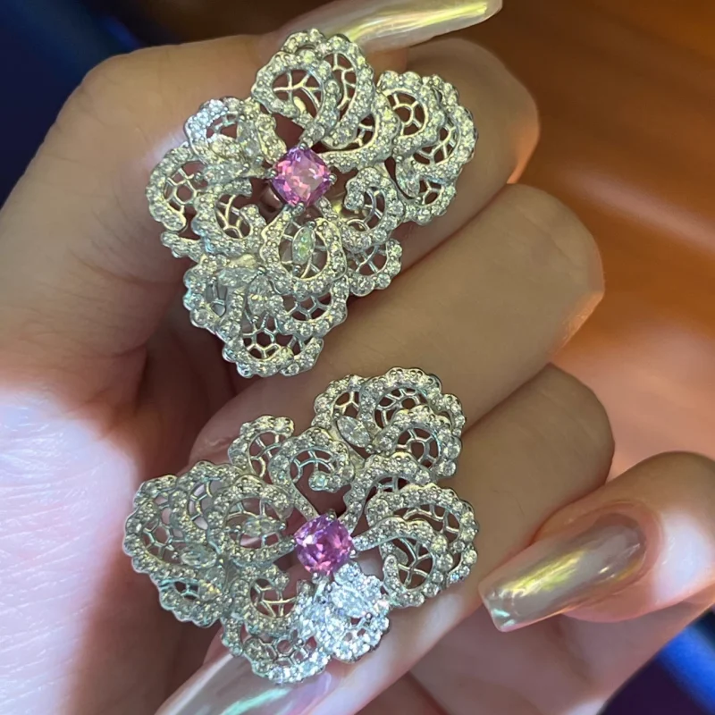 

CAMEO 925 Silver Lab Grown Pink Sapphire Spinel Lace Hollow Design Earrings Elegant Earrings Fine Jewelry for Women