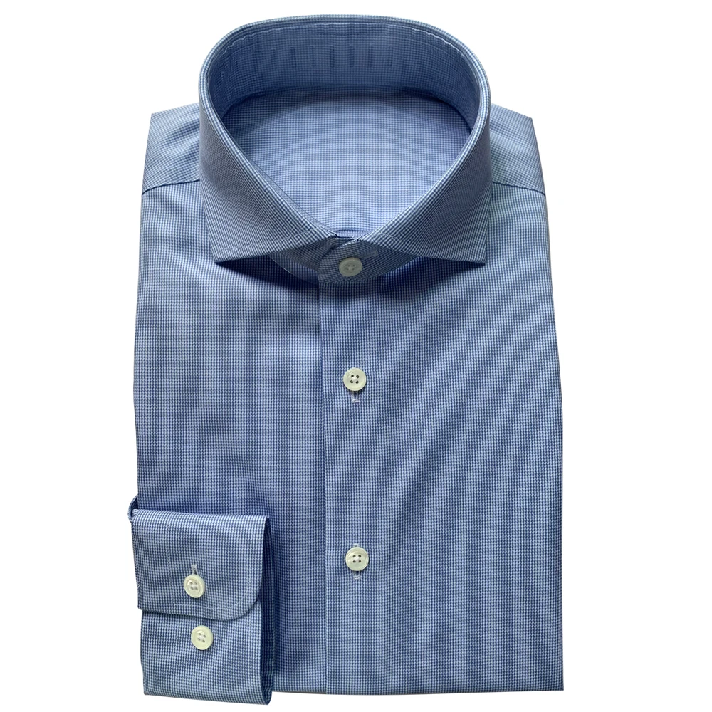 Luxury 80s 2-Ply100% Cotton Dress Shirt Bespoke Blue Pattern High Quality Business Shirts Wrinkle Resistant Tailored Men Shirts