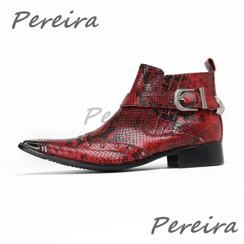 

British Style Snake Patterned Chelsea Boots Men's Iron Square Toe Side Zipper Short Boots Banquet Party Dress Shoes Big Size