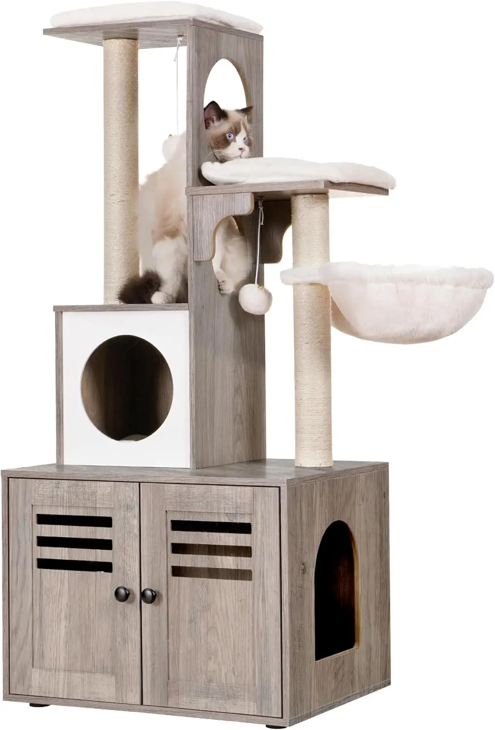 Árbol para gatos, caja de arena de madera con estación de comida, muebles para gatos de interior todo en uno con plataforma grande y condominio, hamaca