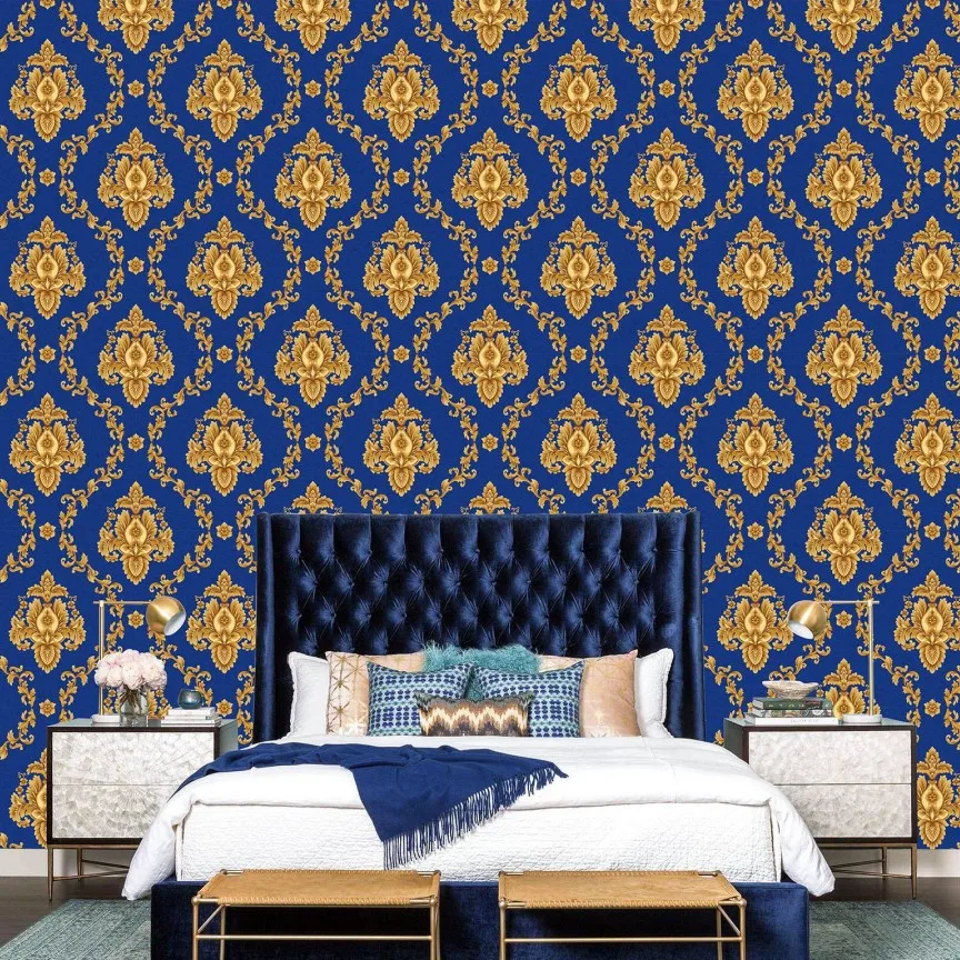 بسيطة النمط الأوروبي دمشق PVC تنقش خلفية مقاومة للماء لغرفة النوم غرفة المعيشة فندق الديكور مشروع الجدران #3