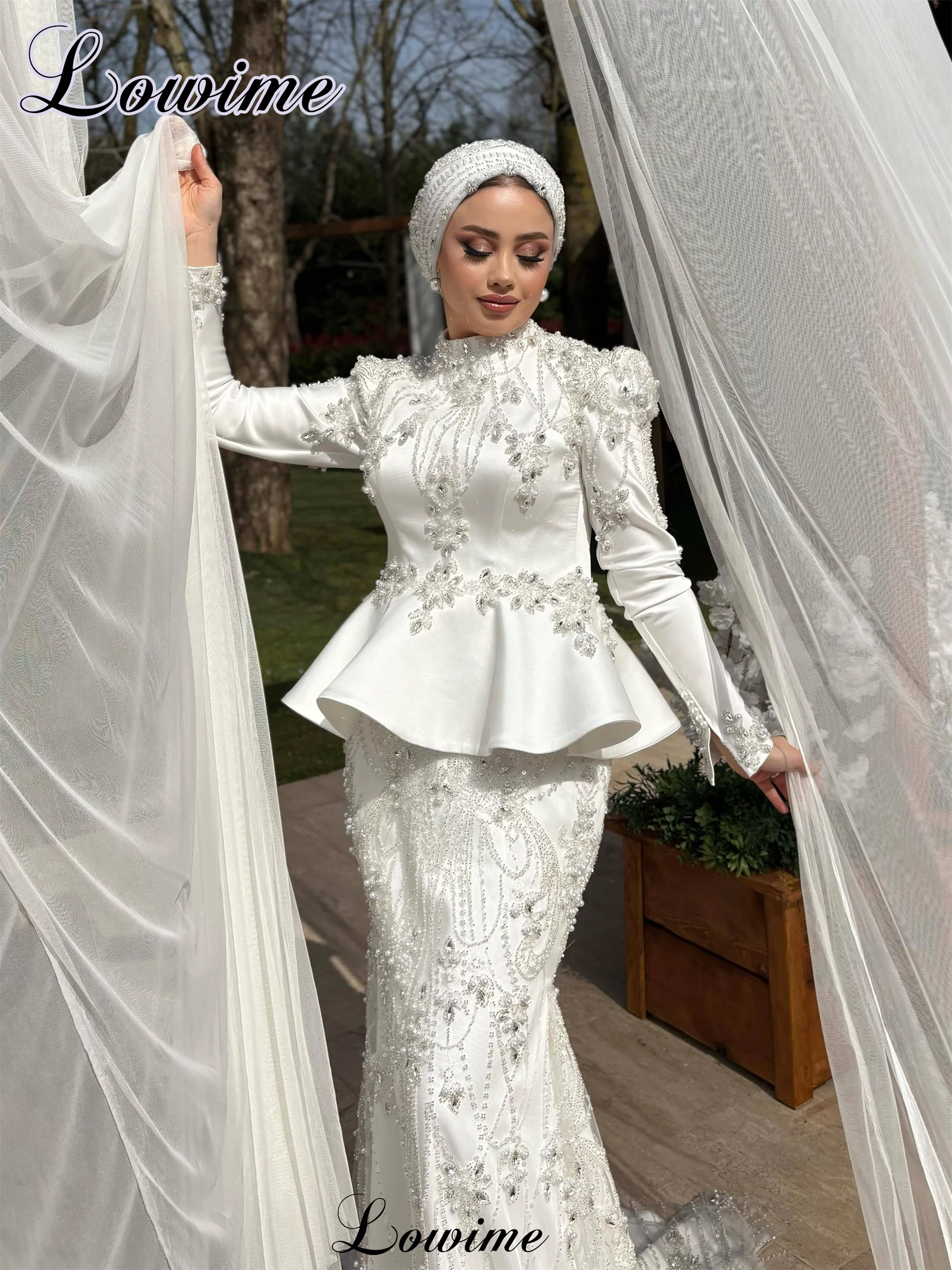 

Muslim White Beaded Evening Dresses Mermaid Long Sleeves Engagement Dress Elegant Wedding Party Gowns Robes De Soirée Customize