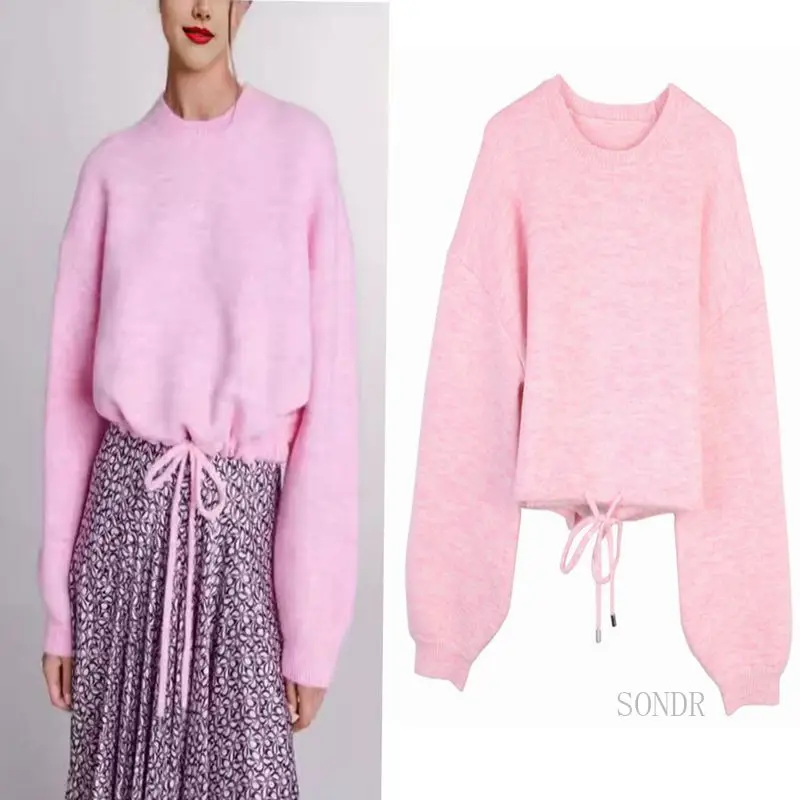 

Wool Bend Sweater Sweet Pink Women Tie Waist Cropped Sweater Round Neck Loose Cashmere Sweater Pullover Soft Knit Tops Women