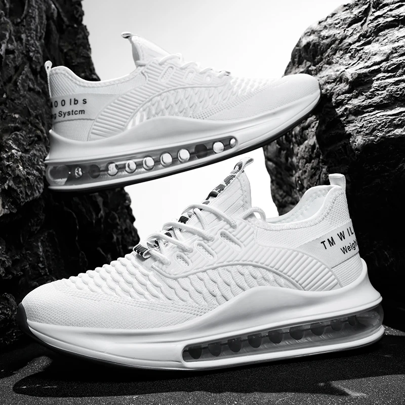 

New Large-size Air Cushion Men's Running Shoes Full-sole Air Cushion Trendy Fly-ribbed Mesh Shoes Breathable Casual Sports Shoes