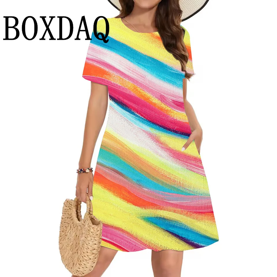 Short Sleeve Dress 2025 Women'S Fashion Casual O-Neck Clothing Loose Gradient Striped Printed Dress Ladies Pockets Short Dresses