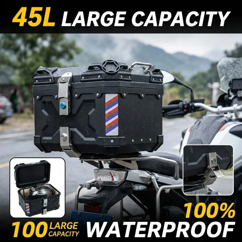 45L Motorcycle Top Box Waterproof Scooter Tail Trunk Quick Release Ebike Rear Luggage Hard Case Motorbike Helmet Storage Carrier