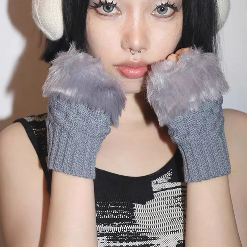 

Cute Faux Rabbit Fur Fingerless Gloves Thickened Fluffy Fingerless Mitten Touchscreen Friendly Outdoor Costume Party Plush Glove
