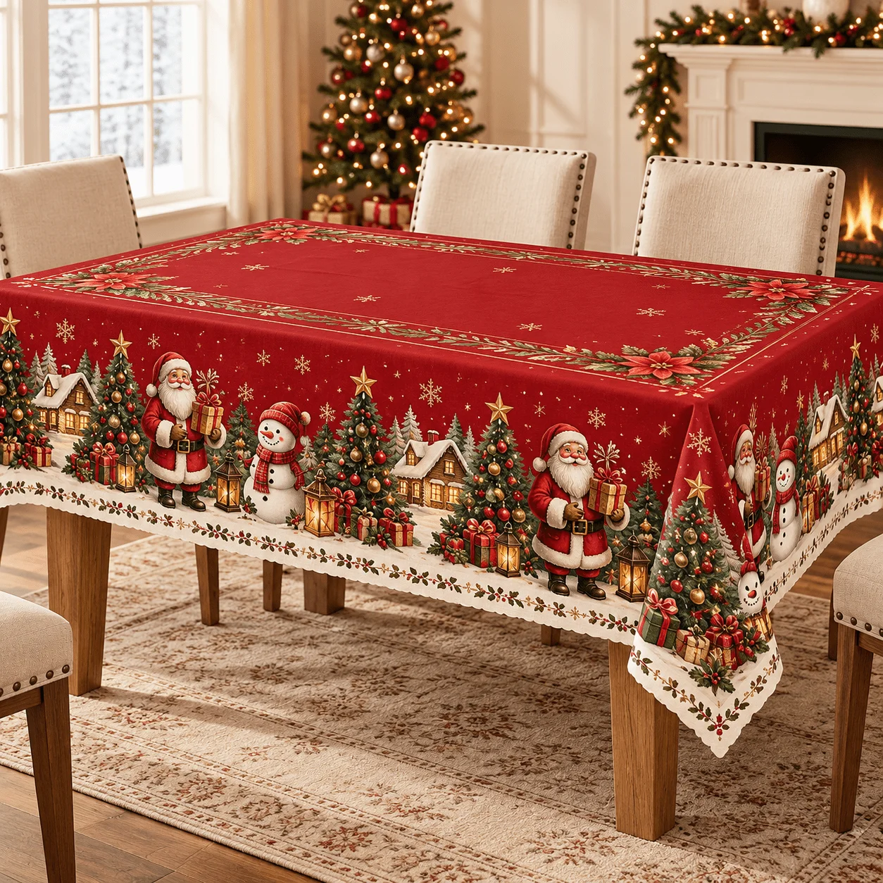 1 rectangular tablecloth, red Santa snowman print, with Christmas tree, gifts and snow cabin