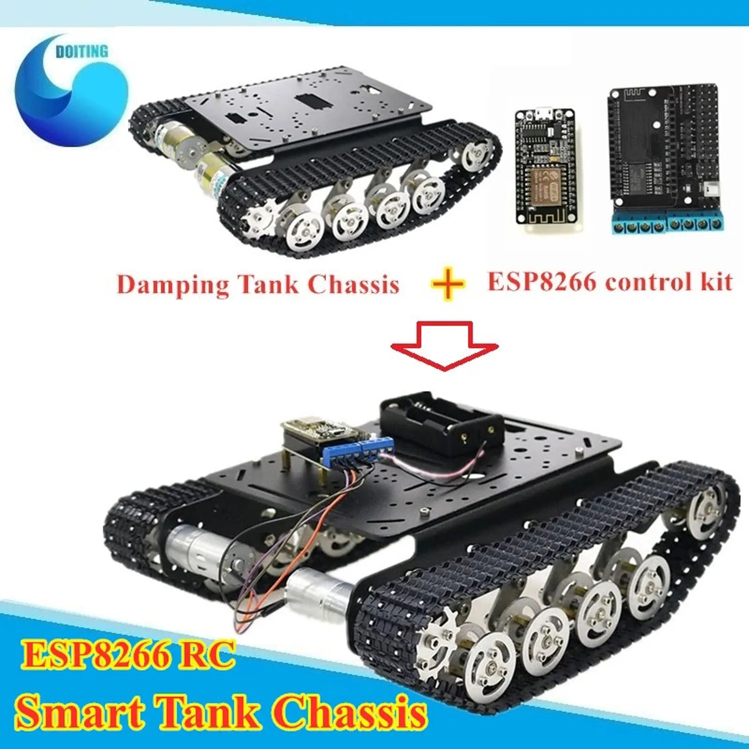 

ESP8266 WiFi Control Shock Absorption Smart Robot Tank Chassis with Nodemcu Development Board+L293D Motor Driver Board DIY TS100