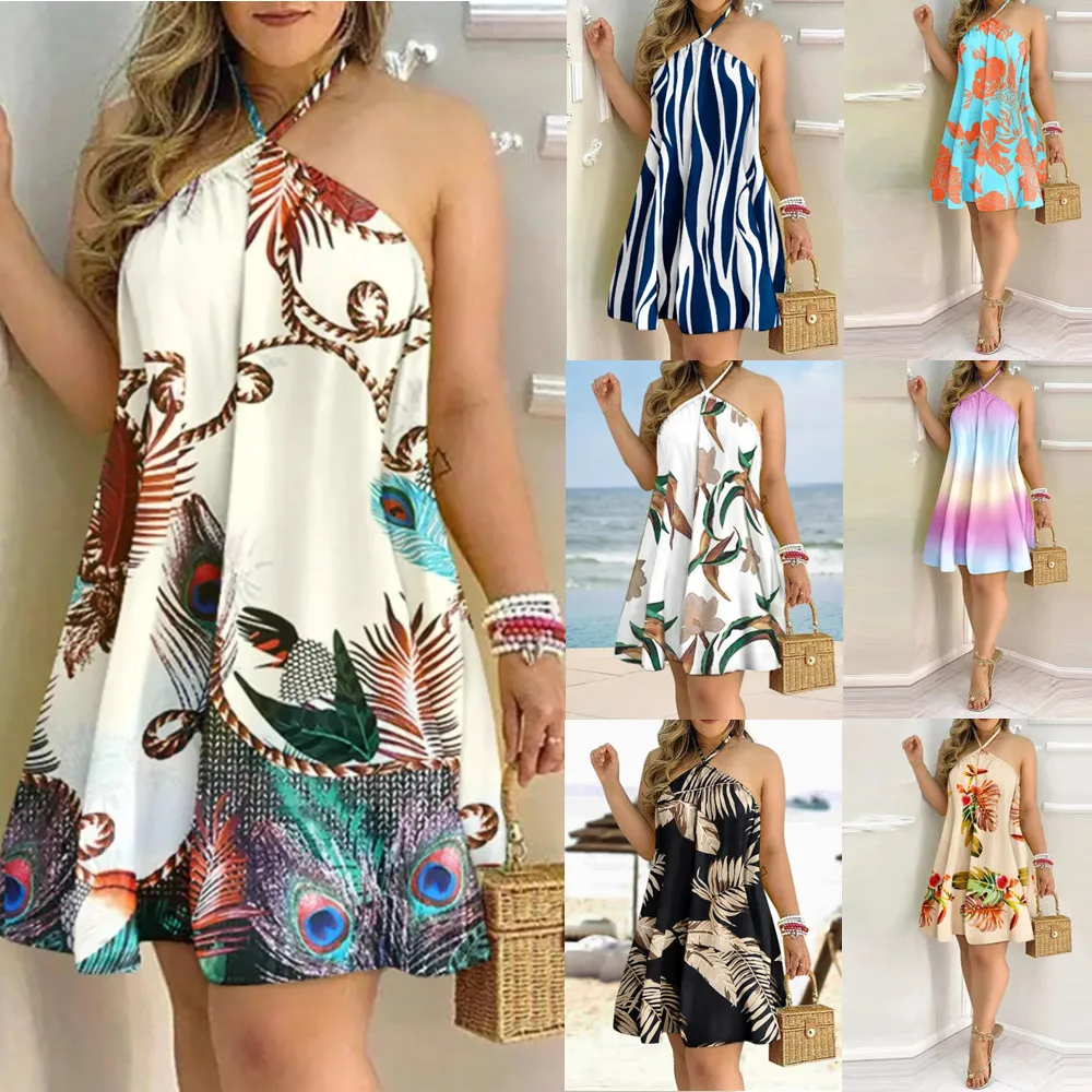 

Summer Befree Beach Long Vintage Casual Ruffles Elegant Strap Camis Silky Halter Mini Dress Vestidos Party Sexy Women