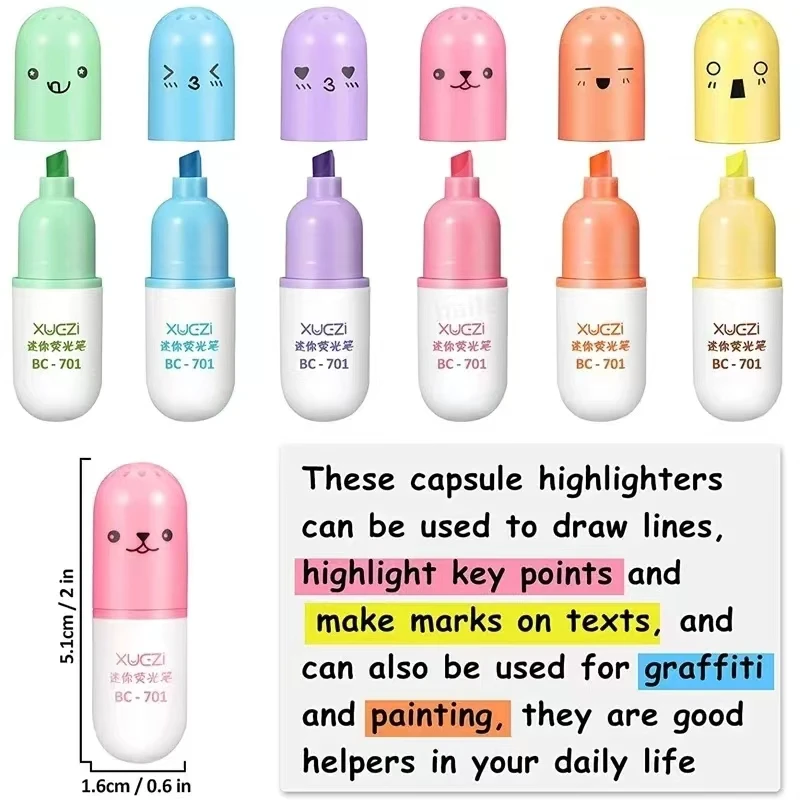 6pcs/bag Highlighter Colored Marker Pens Creative Design Painting,Graffiti,Marker Highlighters for School Six Colors Stationery