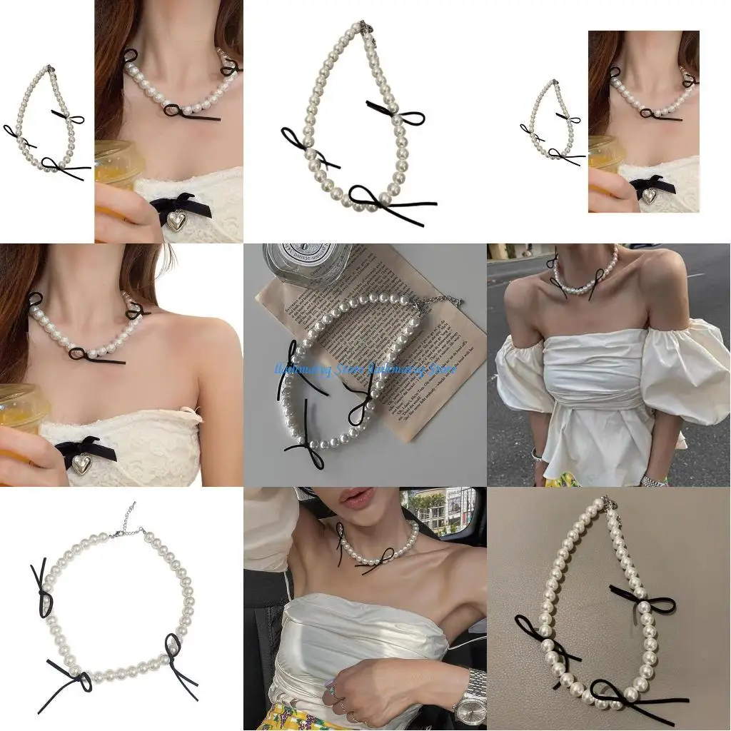 

573B Punk Vintage Choker Crystal Pearls Pendant Simulated Pearls Beads Necklace