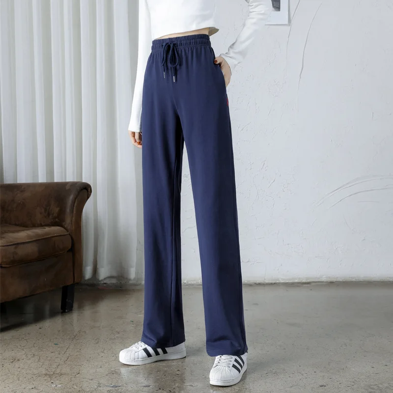 

Широкие брюки, вязаные корейские женские осенние милые брюки для девочек, обычная посадка для рабочего места, дышащие модальные плиссированные брюки на шнурке, женские простые