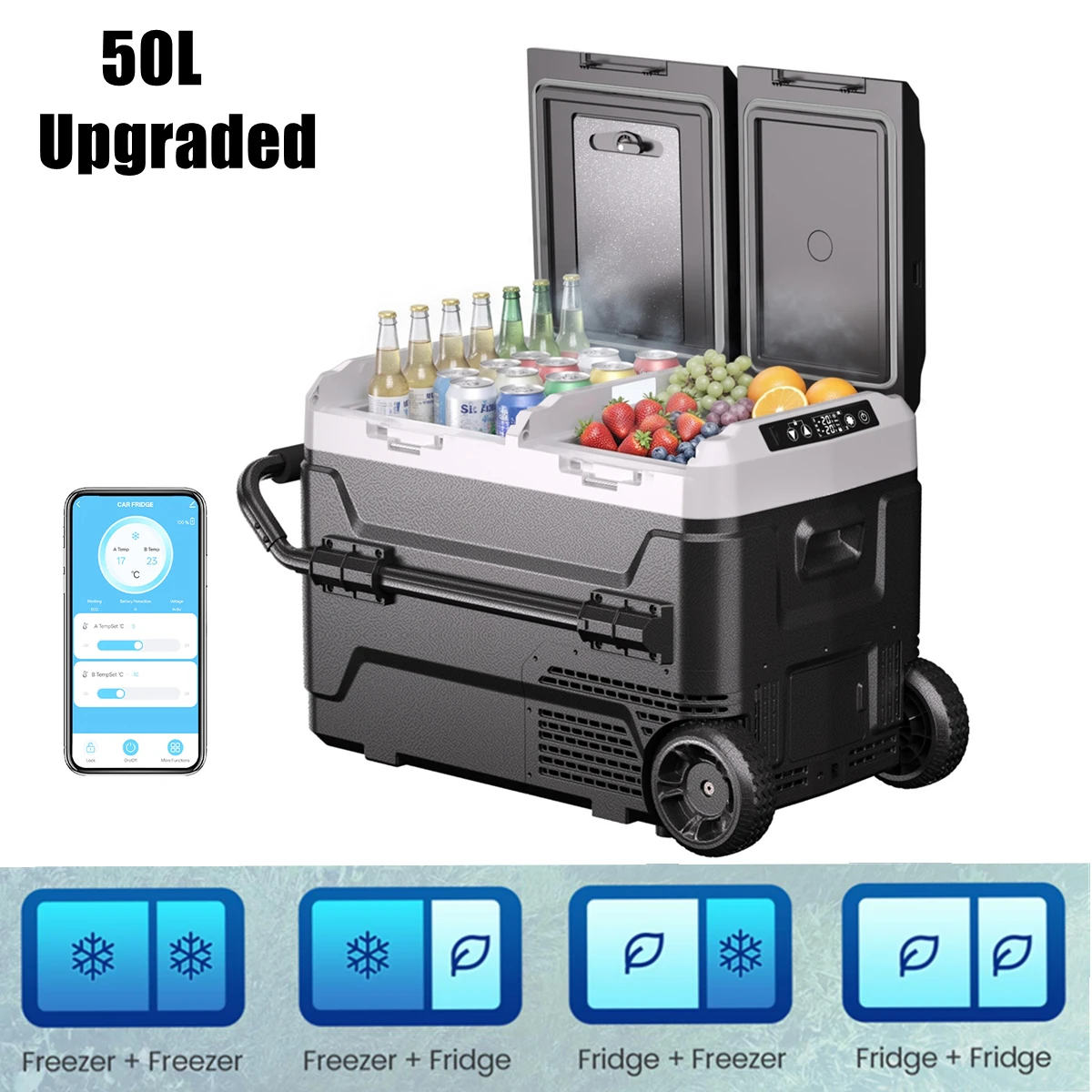 Hcalory 35L 45L 55L Dubbele Zone Draagbare Autokoelkast met Wielen, Bluetooth App Besturing, 12V 24V Compressor Koeler voor Kamperen en Reizen