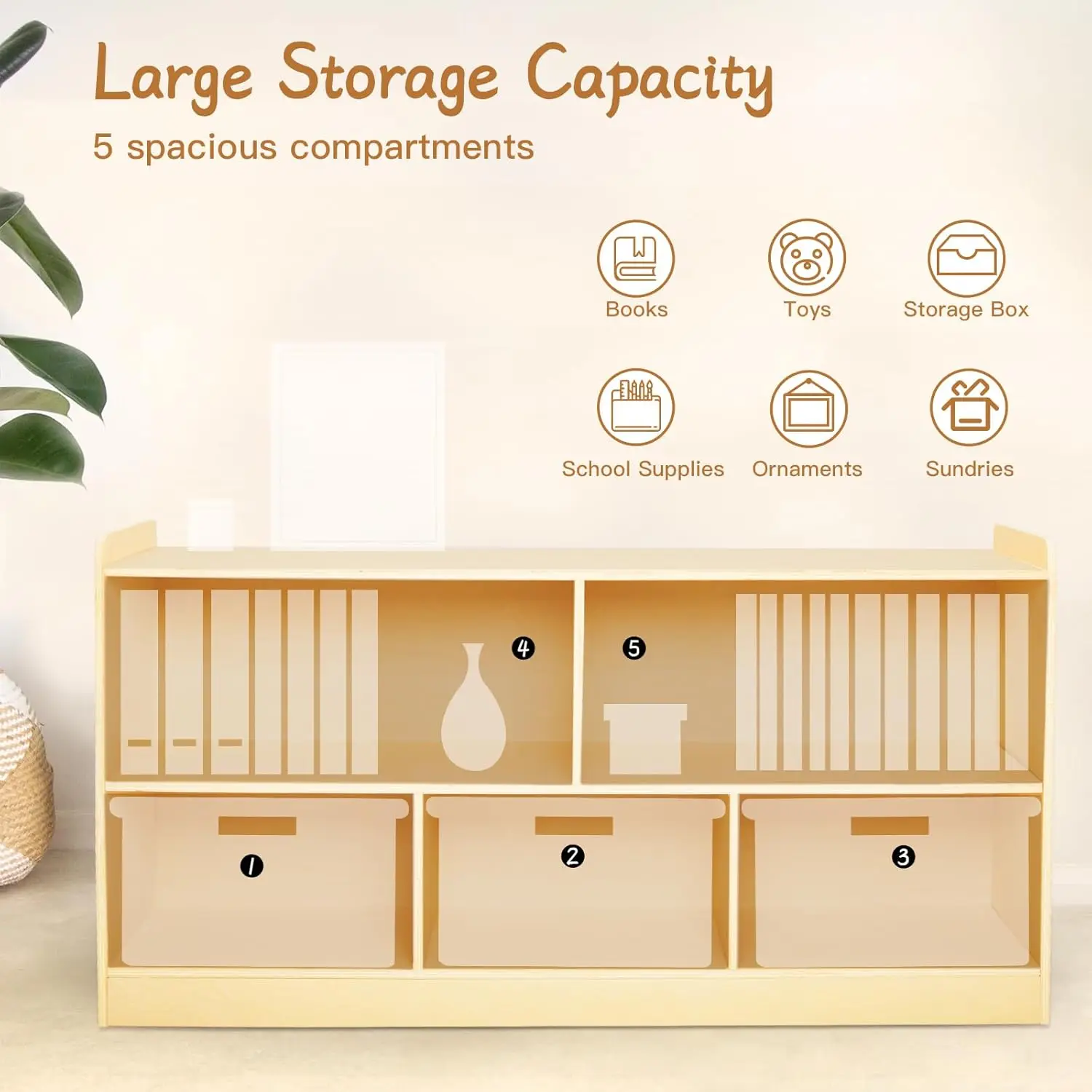منظم تخزين الألعاب الخشبية من مونتيسوري، خزانة كتب ذات رفين مع 5 أقسام لغرف الأطفال وغرفة اللعب والحضانة