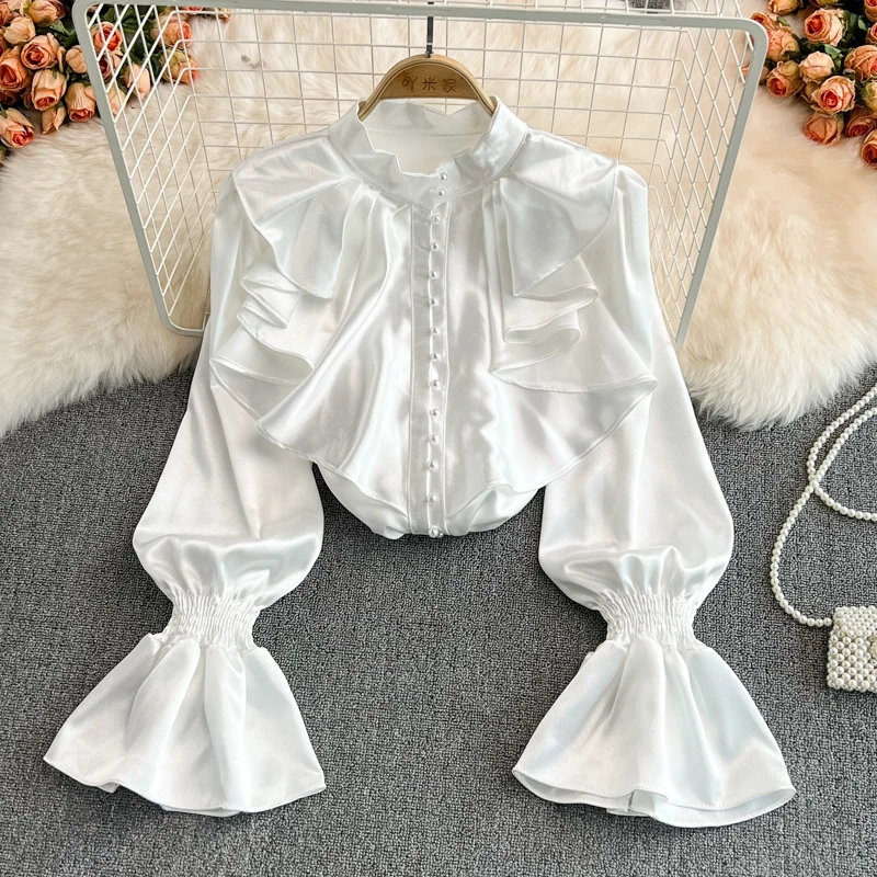 

Palace Ice Silky Vintage Shirts Tops Lady Princess Fairy Sweet Blouse Formal Festival Birthday Dinner Banquet Flare Sleeve Tops