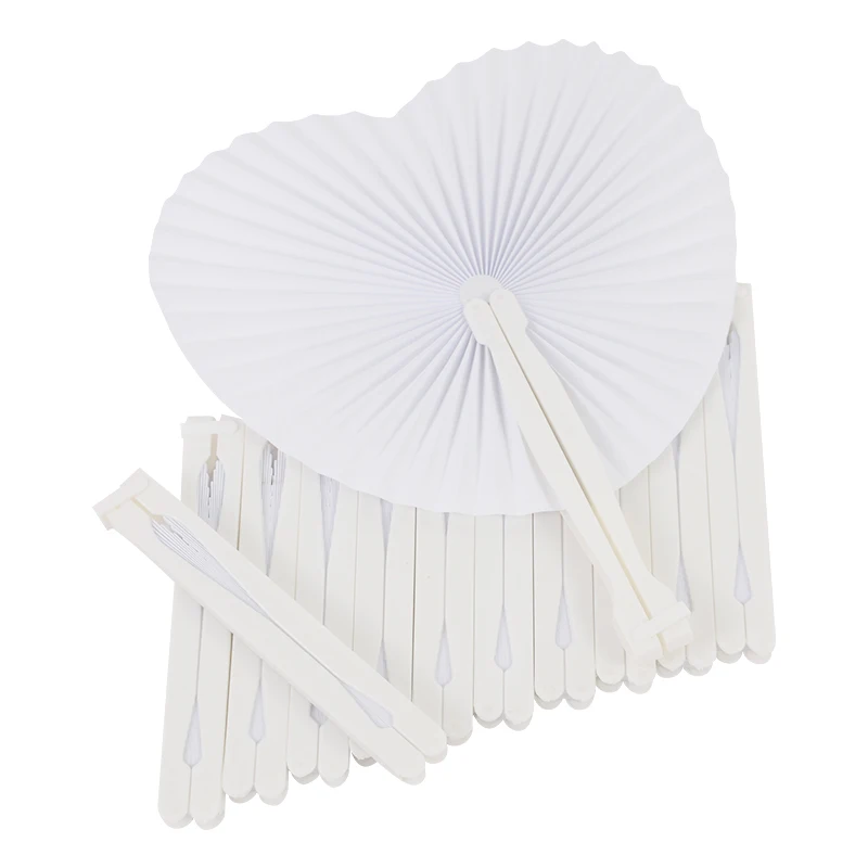 6pcs White Folding Paper Fan Wedding Favor DIY Blank Heart-shaped Paper Fan with Plastic Handle Birthday Anniversary Party Decor