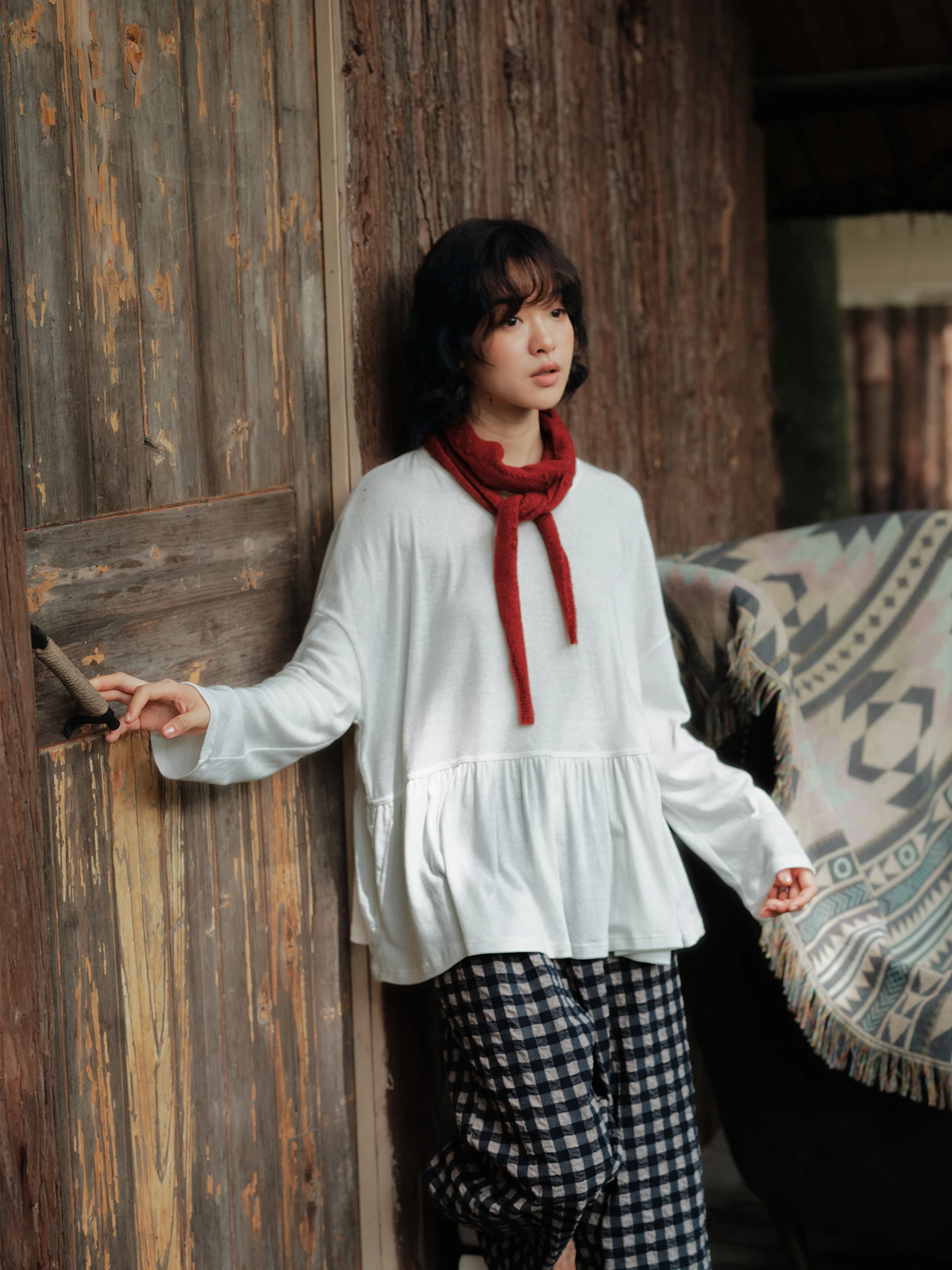 Long Sleeve 100% Cotton Women's T-shirt Pleated Hem Casual Style Standard Fit Autumn Collection Fashion Ladies' Tee